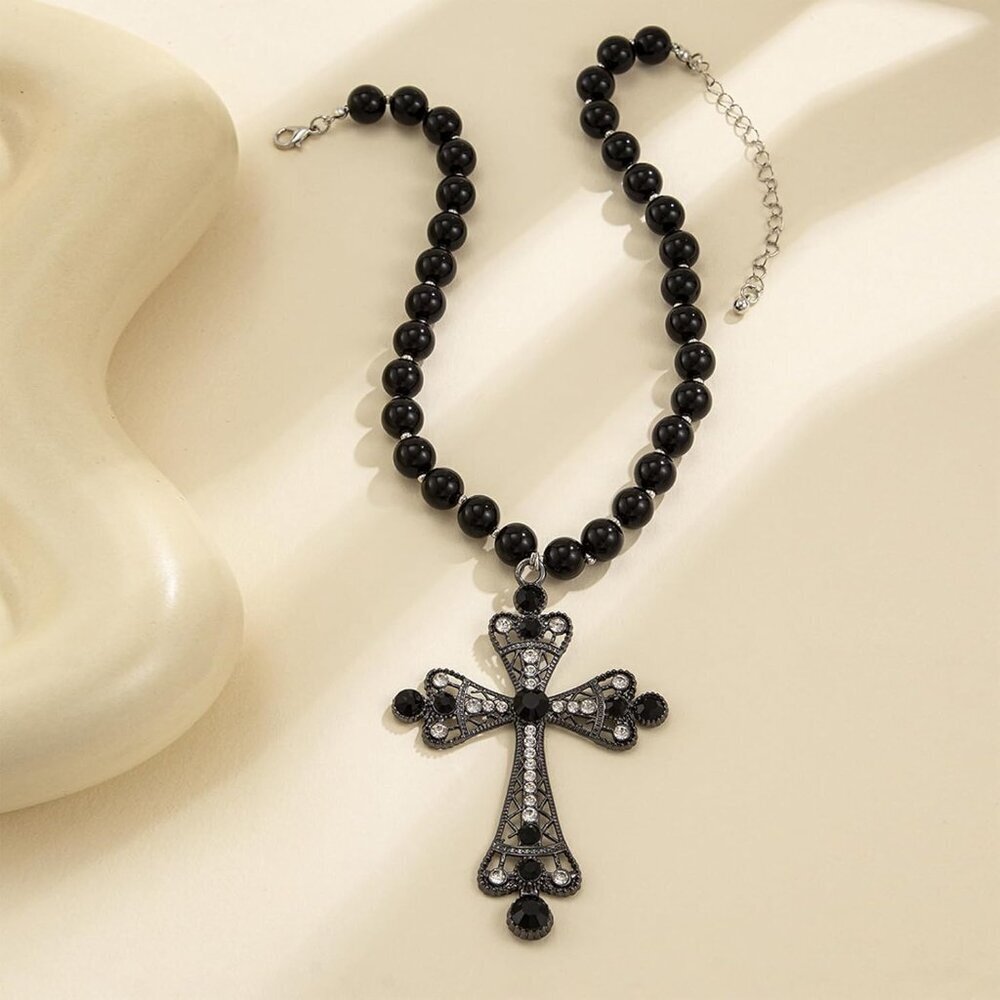 Women Black Pearl Cross Necklace - Chunky Gothic Punk Vintage Cross Jewelry - Picture 8 of 8